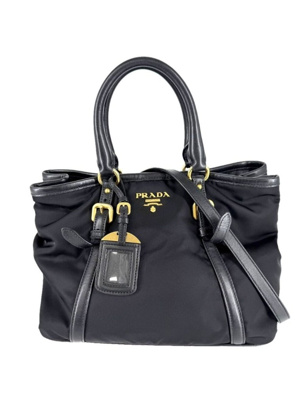 Prada 2-Way Shoulder Bag Crossbody Nylon Leather Black Gold